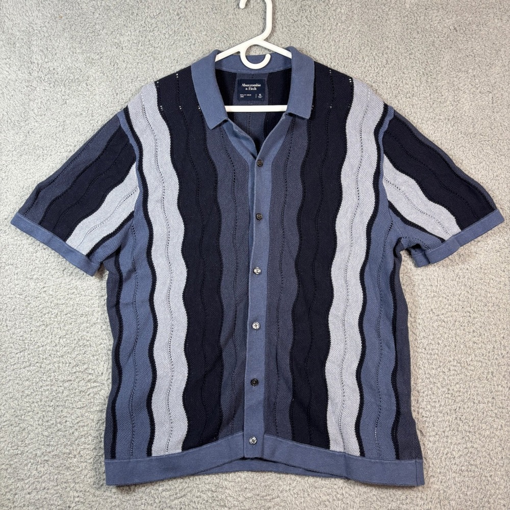 Abercrombie & Fitch Sweater Polo Mens XL Blue Wavy Crochet Knit Button Down